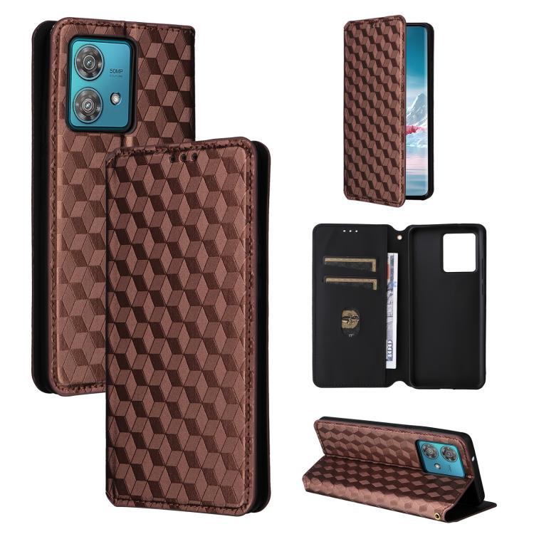 

For Motorola Edge 40 Neo 5G Cubic Grid Texture Flip Leather Phone Case(Brown)