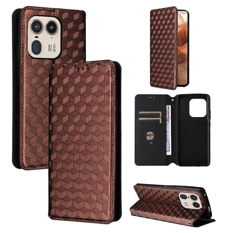

For Motorola Edge 50 Ultra 5G Cubic Grid Texture Flip Leather Phone Case(Brown)