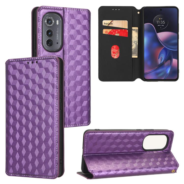 

For Motorola Edge 2022 Cubic Grid Texture Flip Leather Phone Case(Purple)