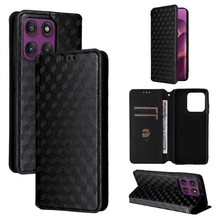 

For Motorola Edge 60 Pro Cubic Grid Texture Flip Leather Phone Case(Black)