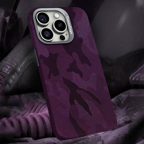 

For iPhone 15 Pro Max Camouflage Leather Metal Frame MagSafe PC Phone Case(Dark Purple)