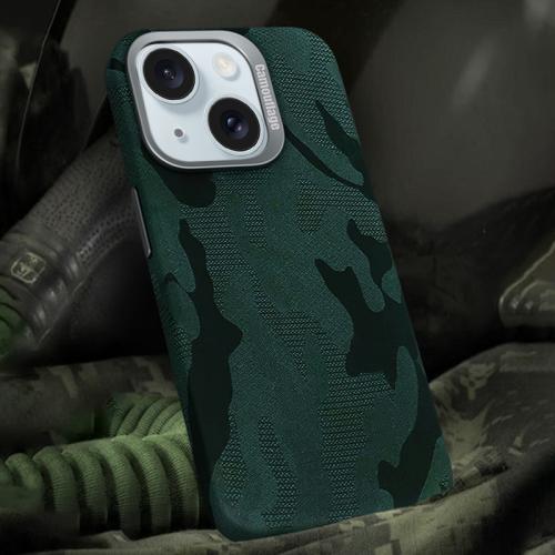 

For iPhone 15 Plus Camouflage Leather Metal Frame MagSafe PC Phone Case(Army Green)