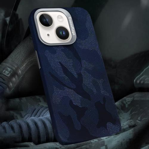 

For iPhone 14 Camouflage Leather Metal Frame MagSafe PC Phone Case(Blue)