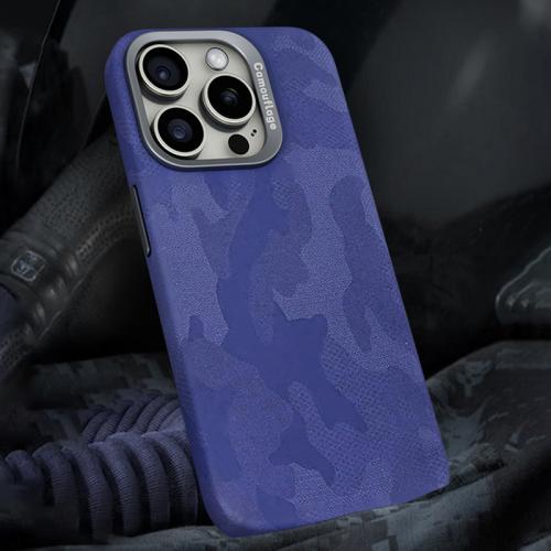 

For iPhone 14 Pro Camouflage Leather Metal Frame MagSafe PC Phone Case(Purple)