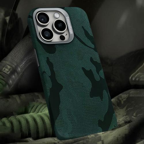 

For iPhone 14 Pro Max Camouflage Leather Metal Frame MagSafe PC Phone Case(Army Green)