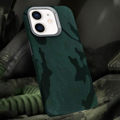 

For iPhone 12 / 12 Pro Camouflage Leather Metal Frame MagSafe PC Phone Case(Army Green)