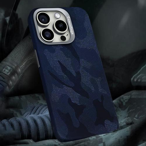 

For iPhone 12 Pro Max Camouflage Leather Metal Frame MagSafe PC Phone Case(Blue)
