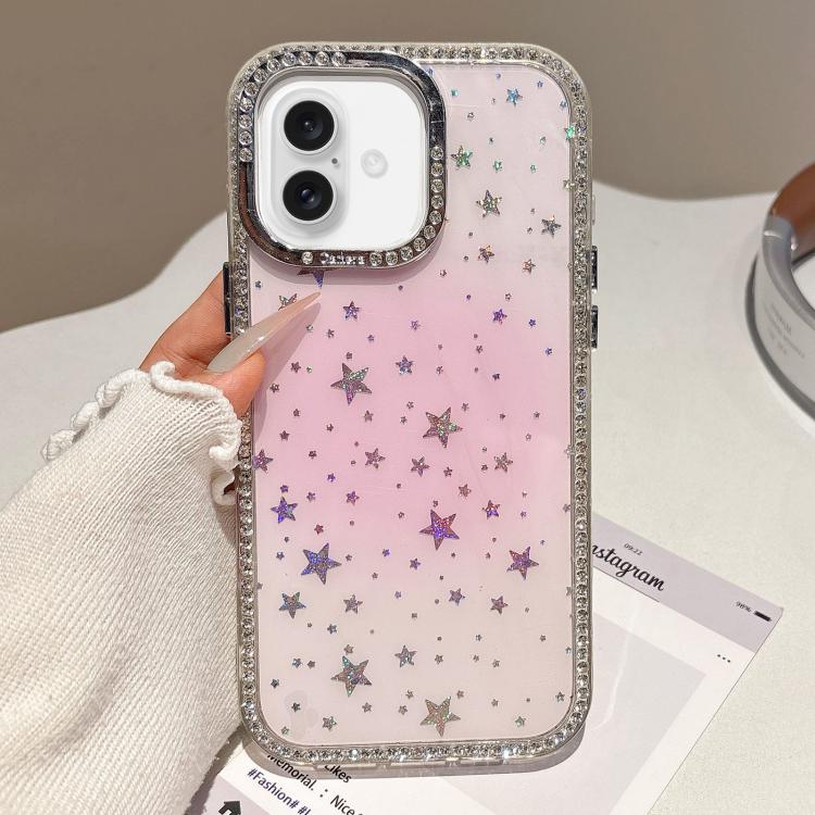 

For iPhone 16 Plus Holographic Starry Pattern TPU Hybrid IMD Full Coverage Phone Case(Pink)