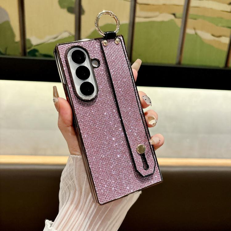 

For Samsung Galaxy Z Fold7 5G Integrated Electroplated PC Glitter Texture Shockproof Phone Case with Wrist Strap / Ring(Pink)