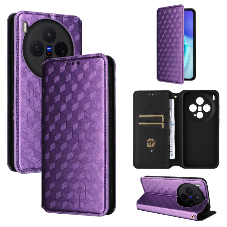 

For vivo X300 5G Cubic Grid Texture Flip Leather Phone Case(Purple)