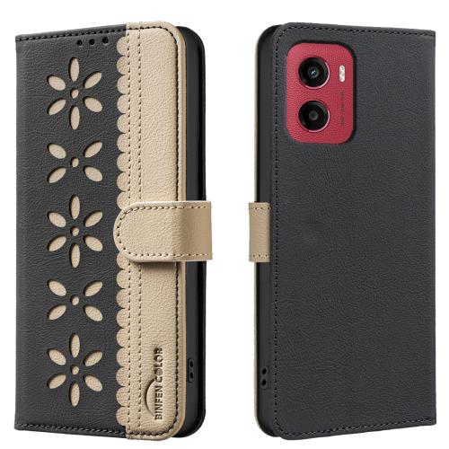 

For Motorola Moto G05 / E15 Splicing Color Hollow Flower Pattern RFID Leather Phone Case(Black)