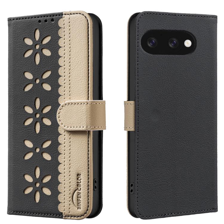 

For Google Pixel 9a Splicing Color Hollow Flower Pattern RFID Leather Phone Case(Black)