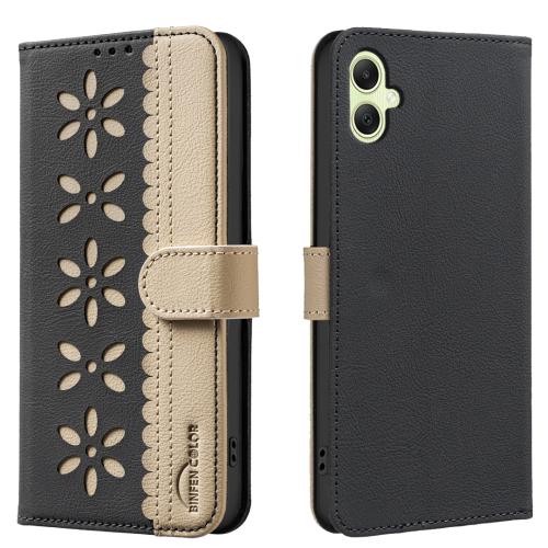 

For Samsung Galaxy A06 Splicing Color Hollow Flower Pattern RFID Leather Phone Case(Black)