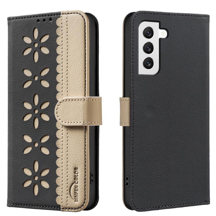 

For Samsung Galaxy S21 5G Splicing Color Hollow Flower Pattern RFID Leather Phone Case(Black)