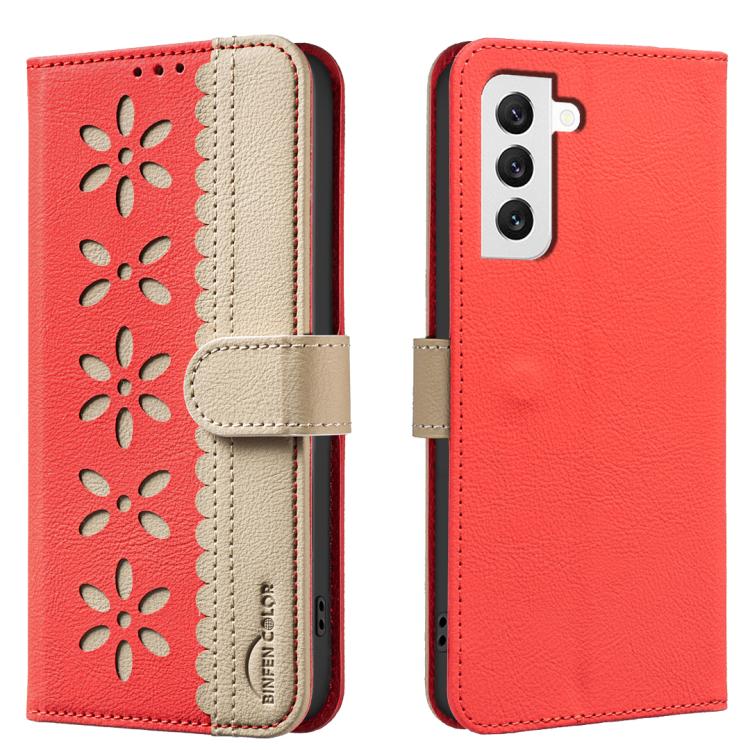 

For Samsung Galaxy S21 5G Splicing Color Hollow Flower Pattern RFID Leather Phone Case(Red)