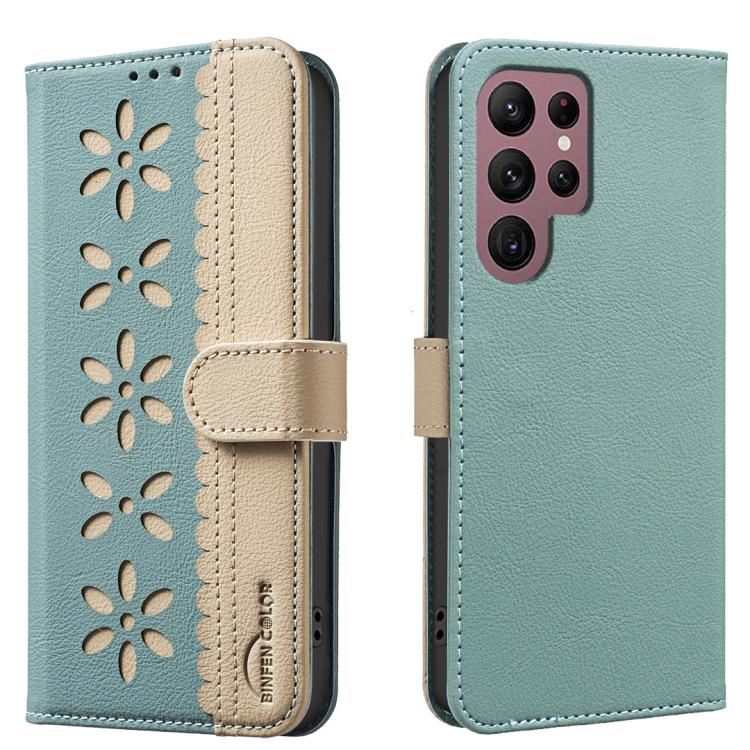 

For Samsung Galaxy S22 Ultra 5G Splicing Color Hollow Flower Pattern RFID Leather Phone Case(Green)