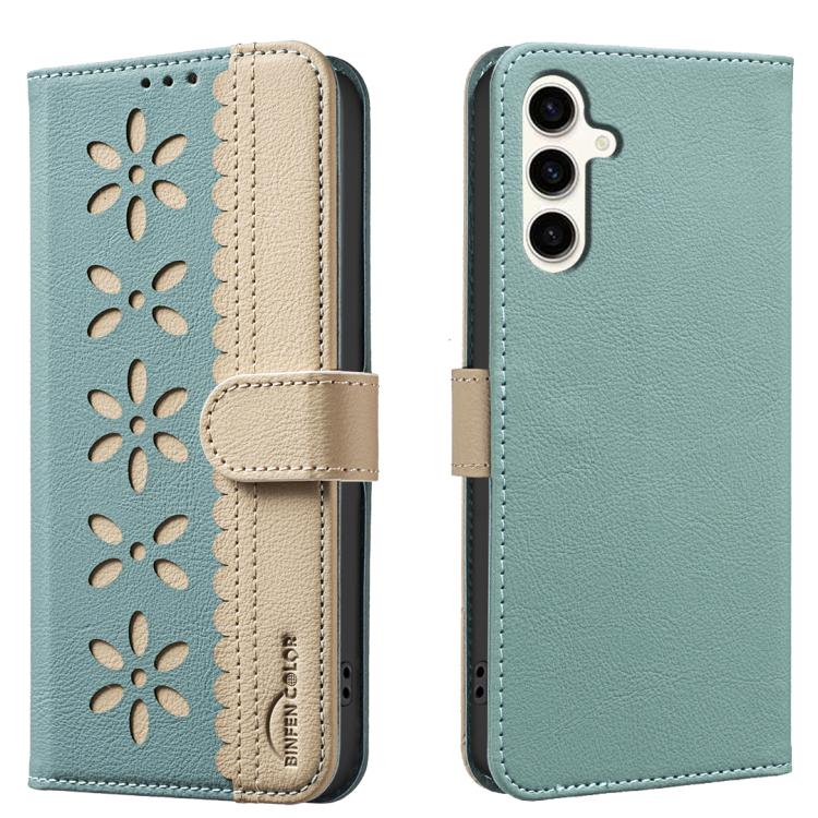

For Samsung Galaxy S23 FE 5G Splicing Color Hollow Flower Pattern RFID Leather Phone Case(Green)