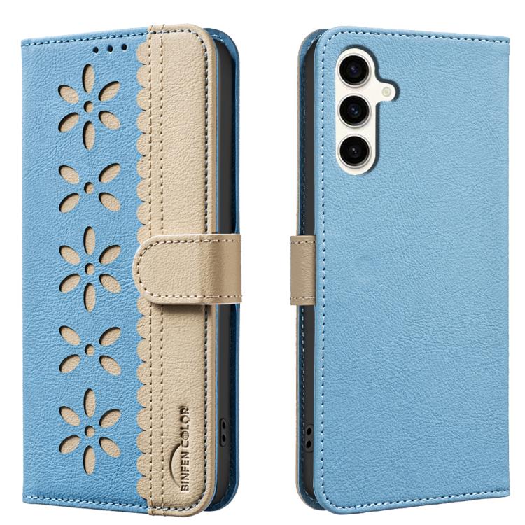 

For Samsung Galaxy S23 5G Splicing Color Hollow Flower Pattern RFID Leather Phone Case(Baby Blue)