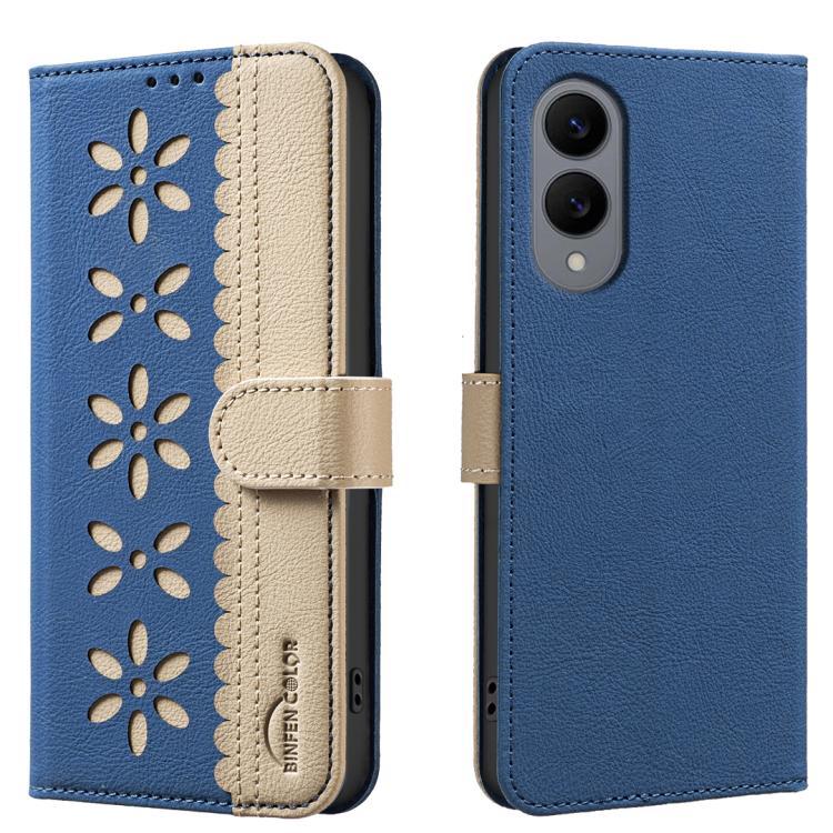 

For Samsung Galaxy S25 Edge 5G Splicing Color Hollow Flower Pattern RFID Leather Phone Case(Dark Blue)