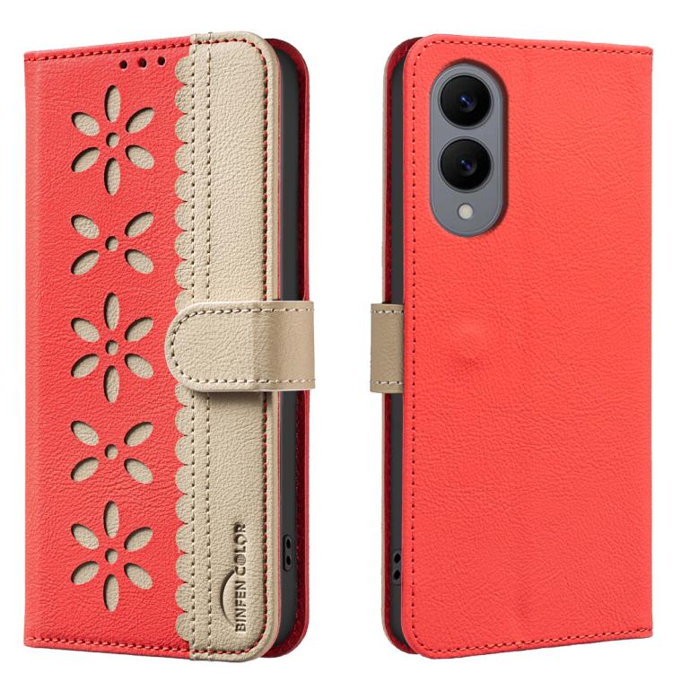 

For Samsung Galaxy S25 Edge 5G Splicing Color Hollow Flower Pattern RFID Leather Phone Case(Red)