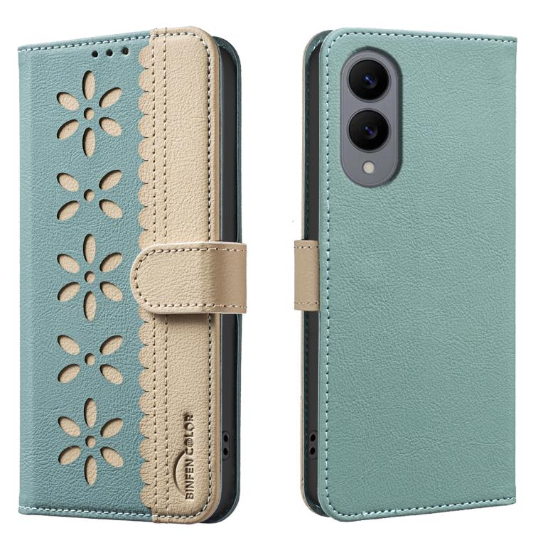 

For Samsung Galaxy S25 Edge 5G Splicing Color Hollow Flower Pattern RFID Leather Phone Case(Green)