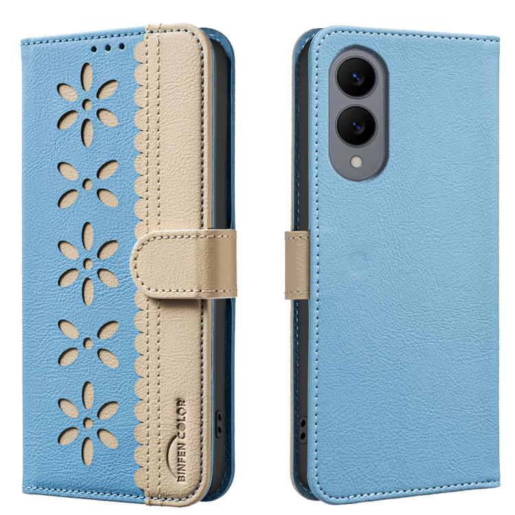 

For Samsung Galaxy S25 Edge 5G Splicing Color Hollow Flower Pattern RFID Leather Phone Case(Baby Blue)