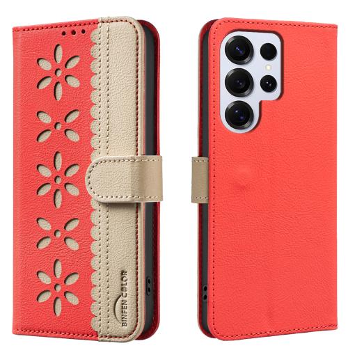 

For Samsung Galaxy S25 Ultra 5G Splicing Color Hollow Flower Pattern RFID Leather Phone Case(Red)