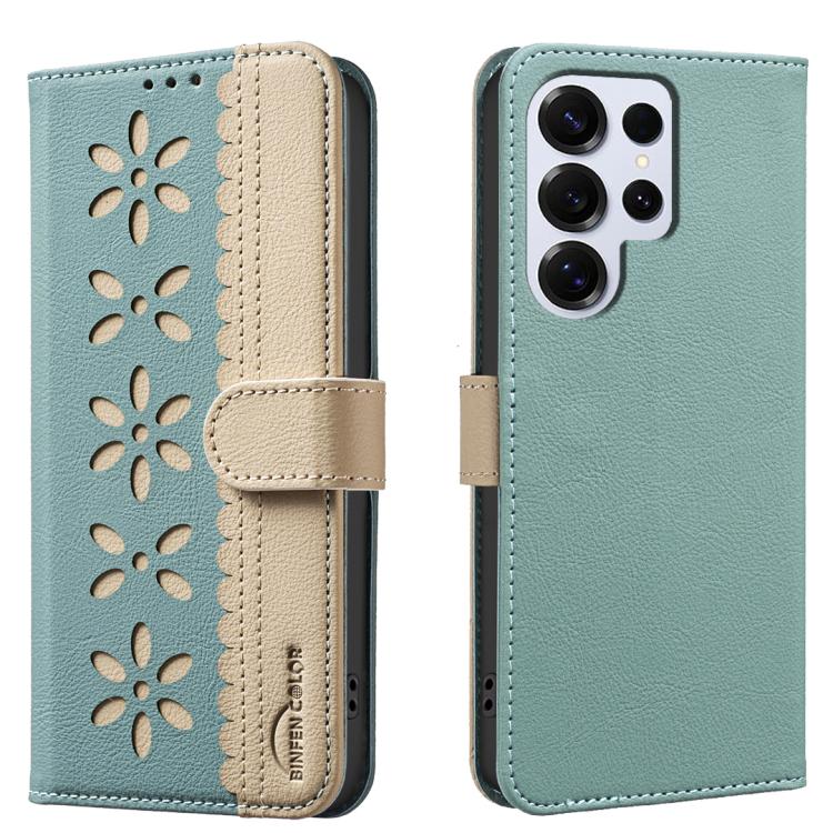 

For Samsung Galaxy S25 Ultra 5G Splicing Color Hollow Flower Pattern RFID Leather Phone Case(Green)