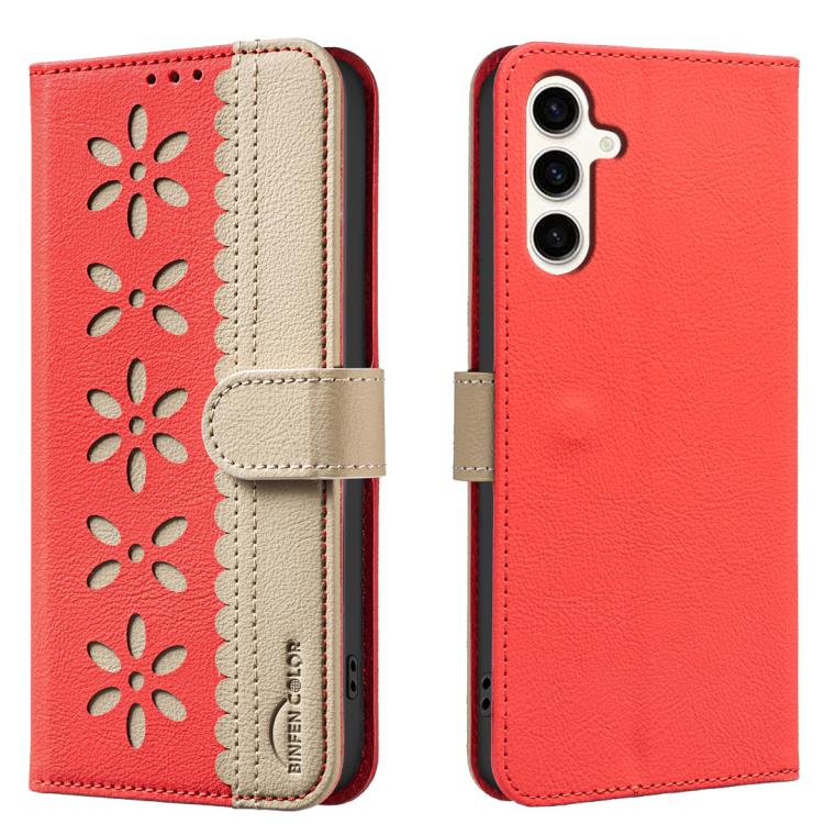 

For Samsung Galaxy S25 FE 5G Splicing Color Hollow Flower Pattern RFID Leather Phone Case(Red)
