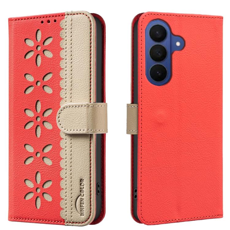 

For Samsung Galaxy S26 Pro 5G Splicing Color Hollow Flower Pattern RFID Leather Phone Case(Red)