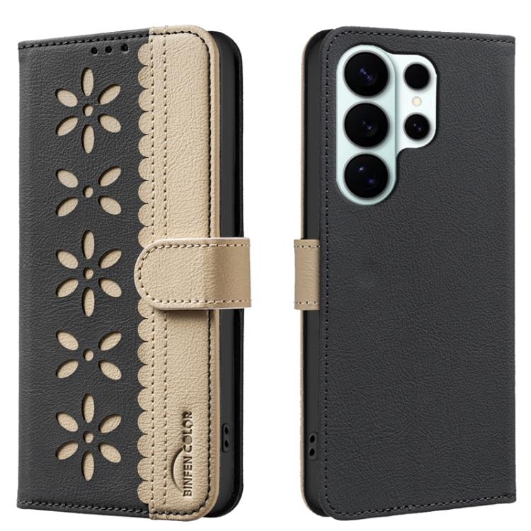 

For Samsung Galaxy S26 Ultra 5G Splicing Color Hollow Flower Pattern RFID Leather Phone Case(Black)