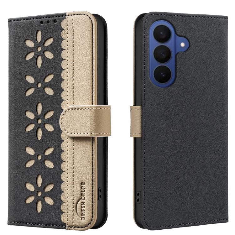 For Galaxy S26 FE 5G Splicing Color Hollow Flower Pattern RFID Leather Phone Case(Black)