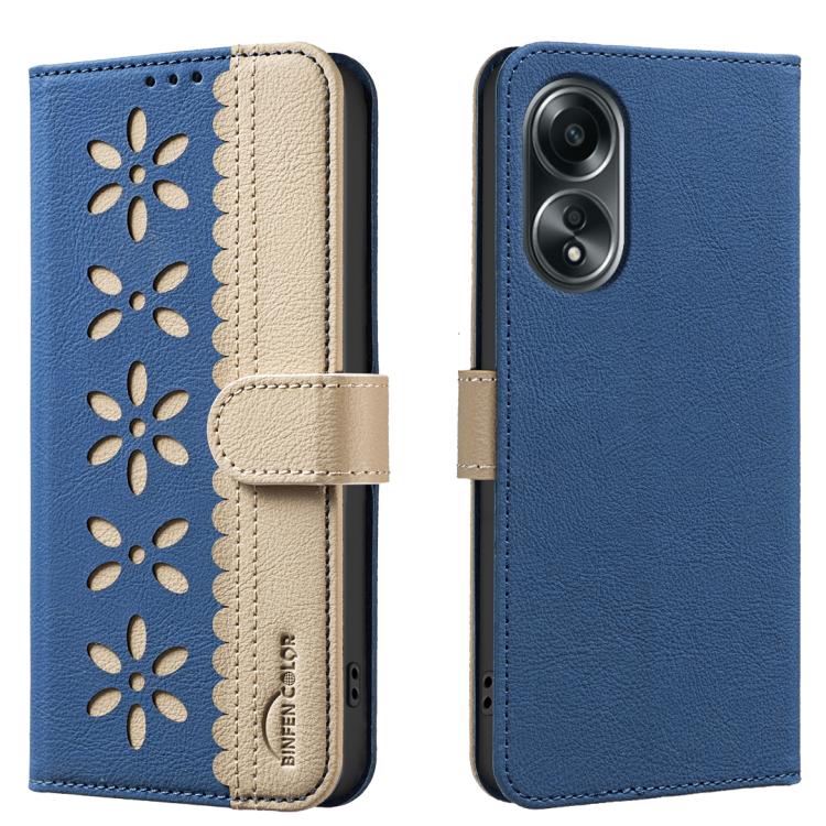 

For OPPO A58 4G Splicing Color Hollow Flower Pattern RFID Leather Phone Case(Dark Blue)