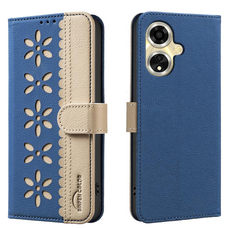 

For OPPO A59 5G Splicing Color Hollow Flower Pattern RFID Leather Phone Case(Dark Blue)