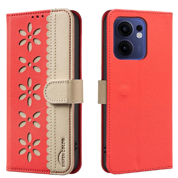 

For OPPO Reno13 F 5G Splicing Color Hollow Flower Pattern RFID Leather Phone Case(Red)