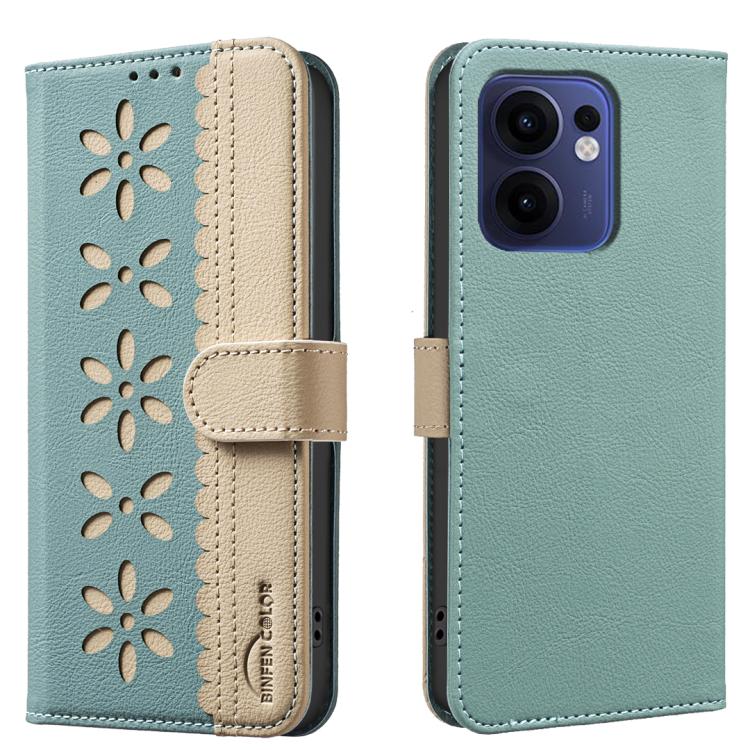 

For OPPO Reno13 F 5G Splicing Color Hollow Flower Pattern RFID Leather Phone Case(Green)