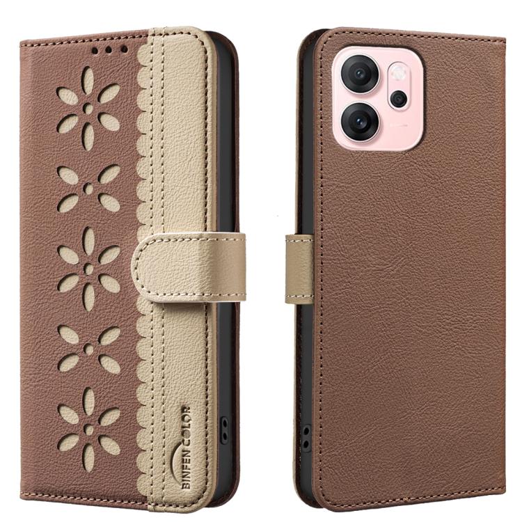 

For OPPO Reno14 F 5G Splicing Color Hollow Flower Pattern RFID Leather Phone Case(Brown)