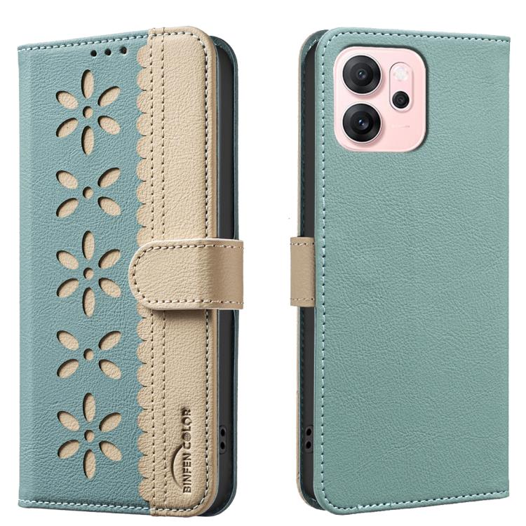 

For OPPO Reno14 F 5G Splicing Color Hollow Flower Pattern RFID Leather Phone Case(Green)