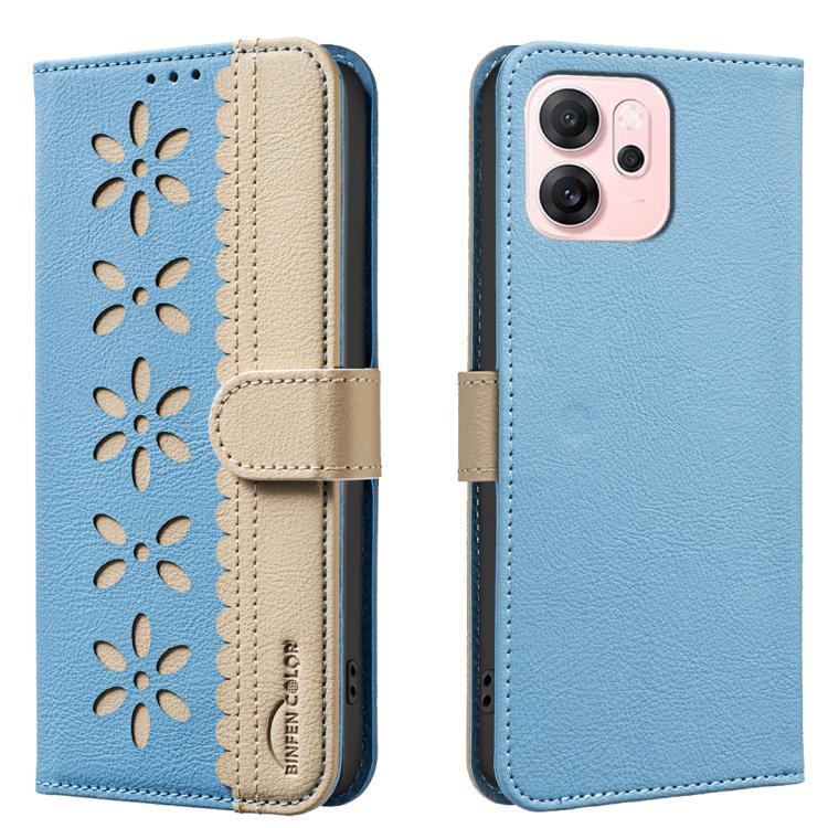 

For OPPO Reno14 F 5G Splicing Color Hollow Flower Pattern RFID Leather Phone Case(Baby Blue)