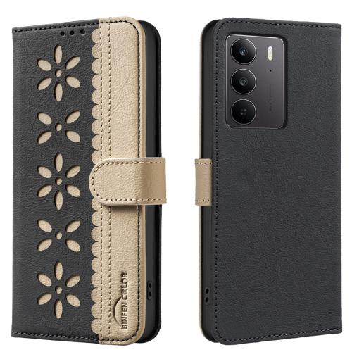 

For Realme C75 4G Splicing Color Hollow Flower Pattern RFID Leather Phone Case(Black)