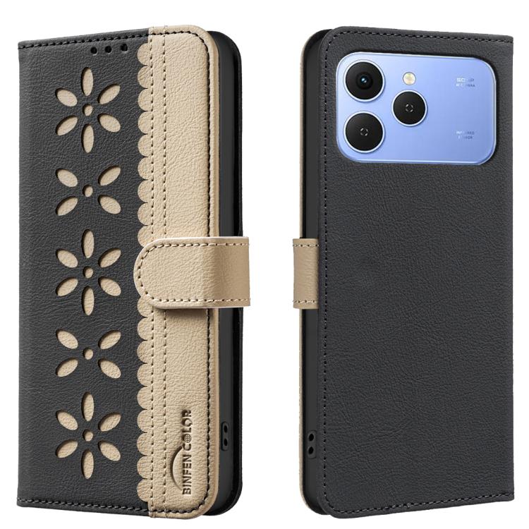 

For Tecno Spark 40 4G Splicing Color Hollow Flower Pattern RFID Leather Phone Case(Black)