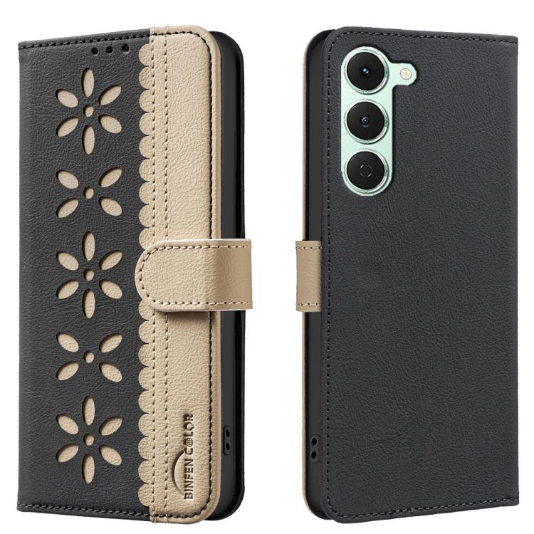 

For Tecno Spark 40 Pro 4G Splicing Color Hollow Flower Pattern RFID Leather Phone Case(Black)