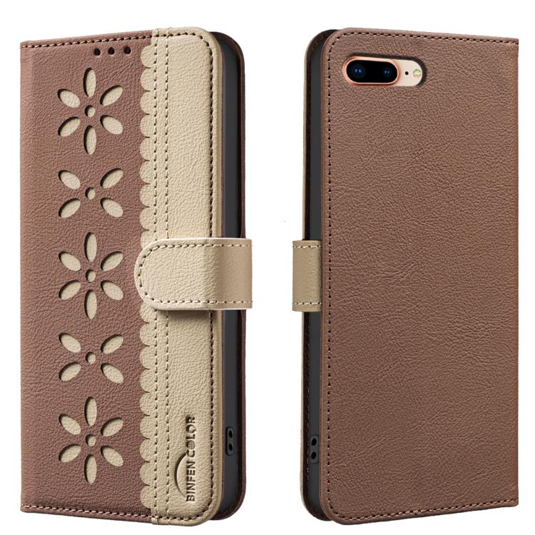 

For iPhone 6 Plus / 7 Plus / 8 Plus Splicing Color Hollow Flower Pattern RFID Leather Phone Case(Brown)