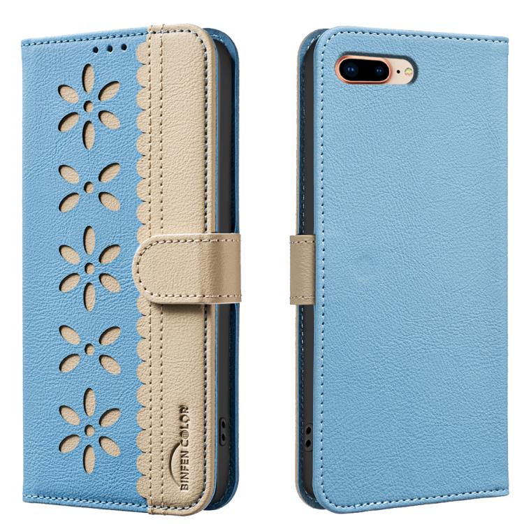 

For iPhone 6 Plus / 7 Plus / 8 Plus Splicing Color Hollow Flower Pattern RFID Leather Phone Case(Baby Blue)