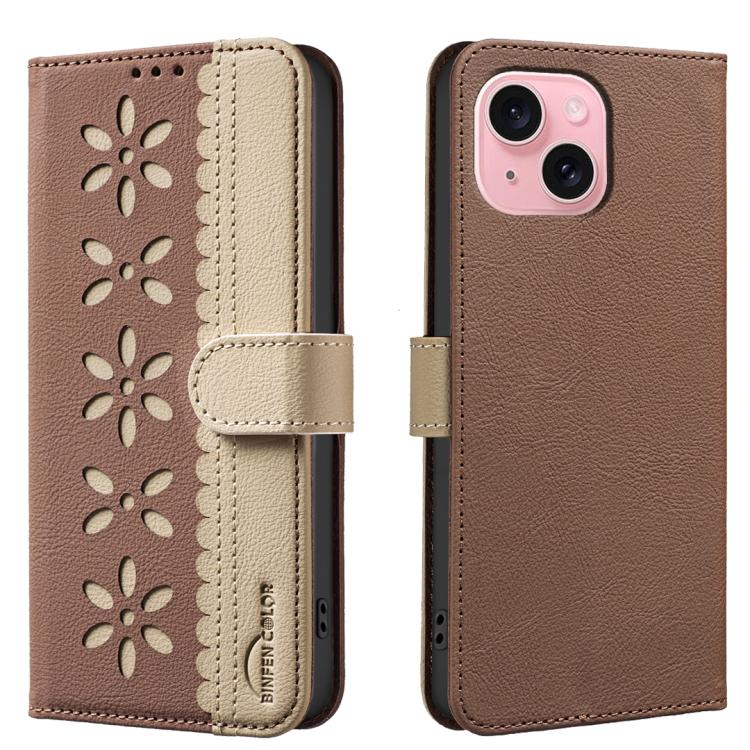 

For iPhone 13 / 14 Splicing Color Hollow Flower Pattern RFID Leather Phone Case(Brown)