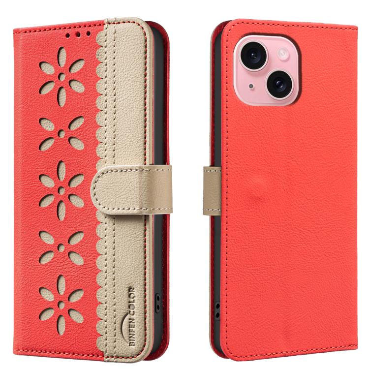 

For iPhone 13 / 14 Splicing Color Hollow Flower Pattern RFID Leather Phone Case(Red)