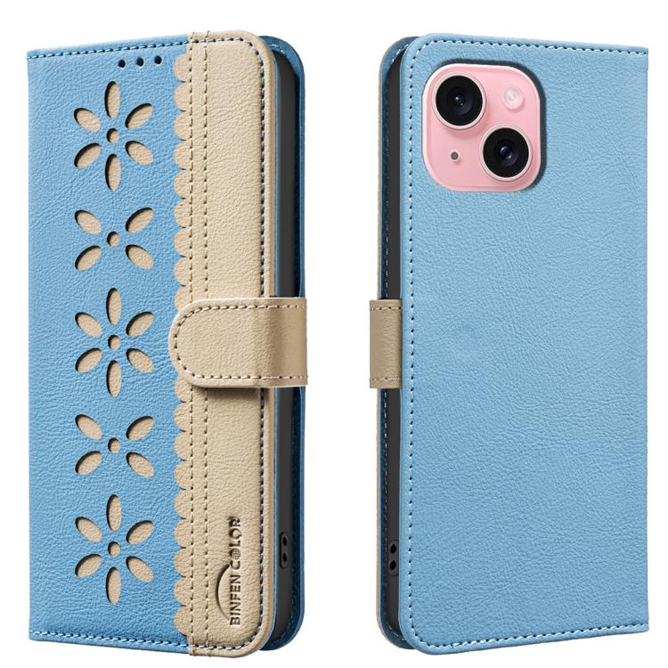 

For iPhone 13 / 14 Splicing Color Hollow Flower Pattern RFID Leather Phone Case(Baby Blue)