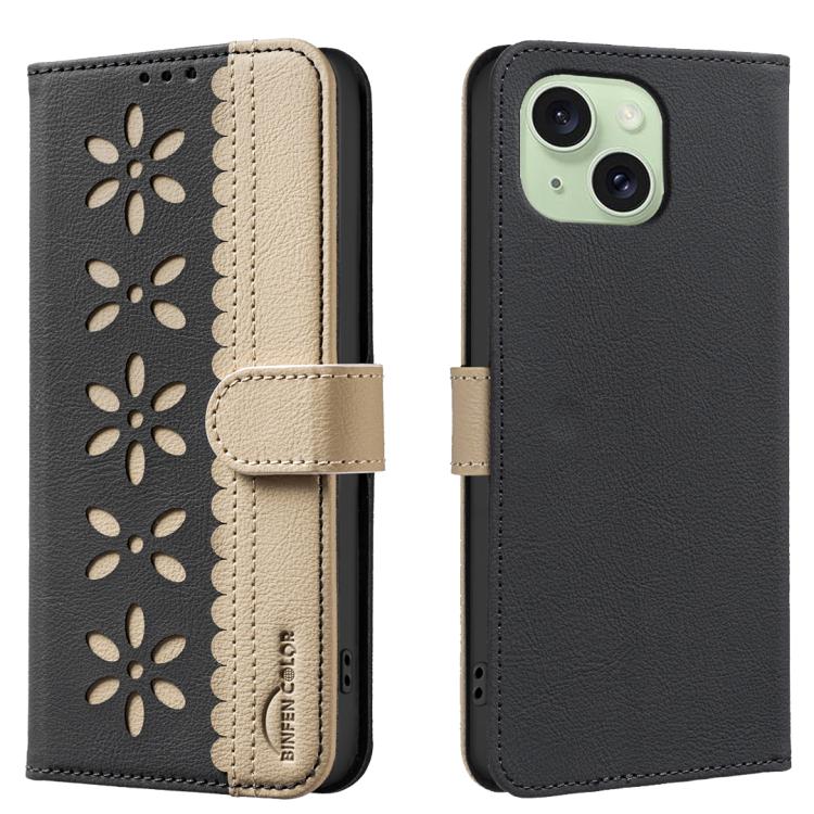 

For iPhone 14 Plus / 15 Plus Splicing Color Hollow Flower Pattern RFID Leather Phone Case(Black)