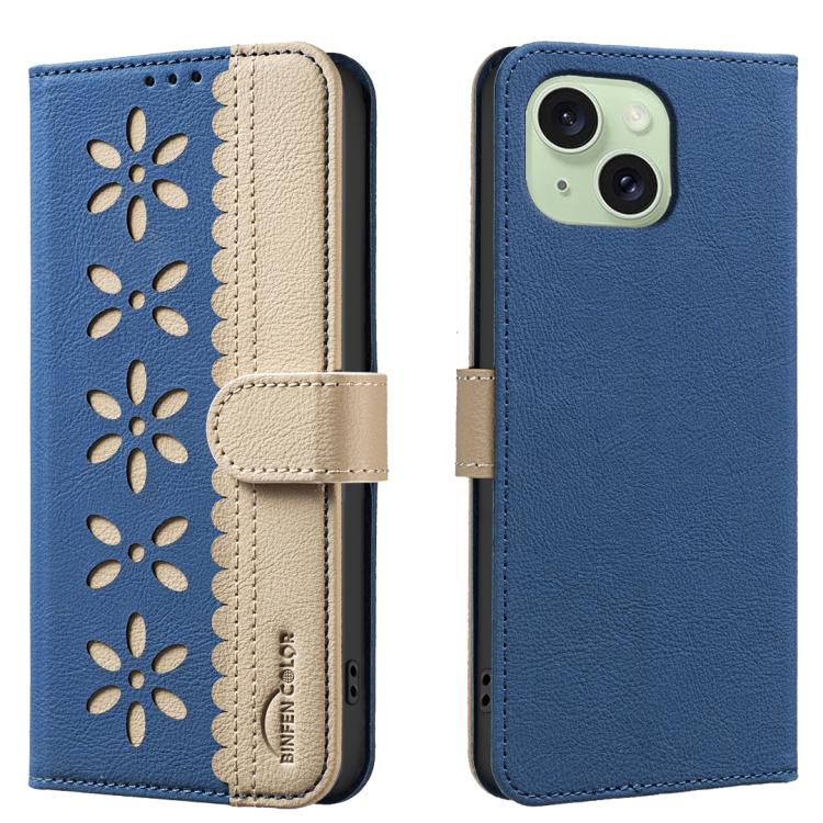 

For iPhone 14 Plus / 15 Plus Splicing Color Hollow Flower Pattern RFID Leather Phone Case(Dark Blue)