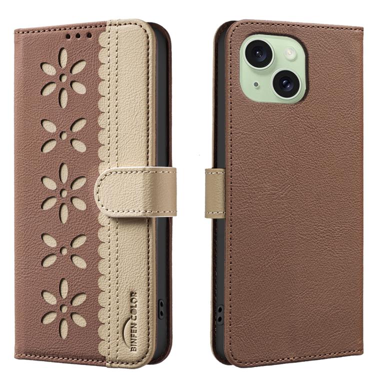 

For iPhone 14 Plus / 15 Plus Splicing Color Hollow Flower Pattern RFID Leather Phone Case(Brown)